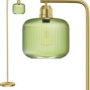 Modern 66-Inch Gold Floor Lamp with Green Ribbed Glass Shade