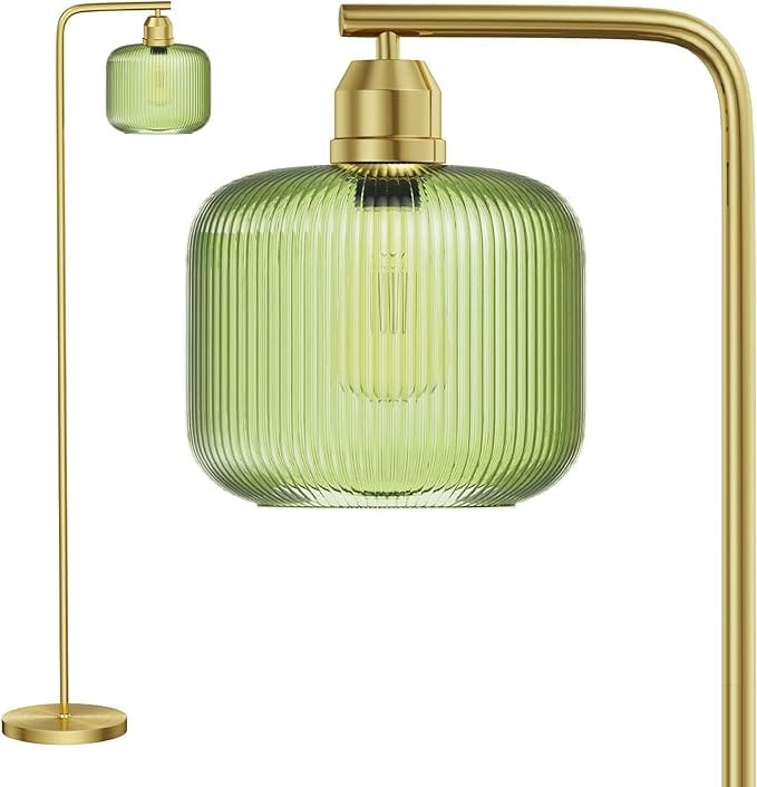 Modern 66-Inch Gold Floor Lamp with Green Ribbed Glass Shade